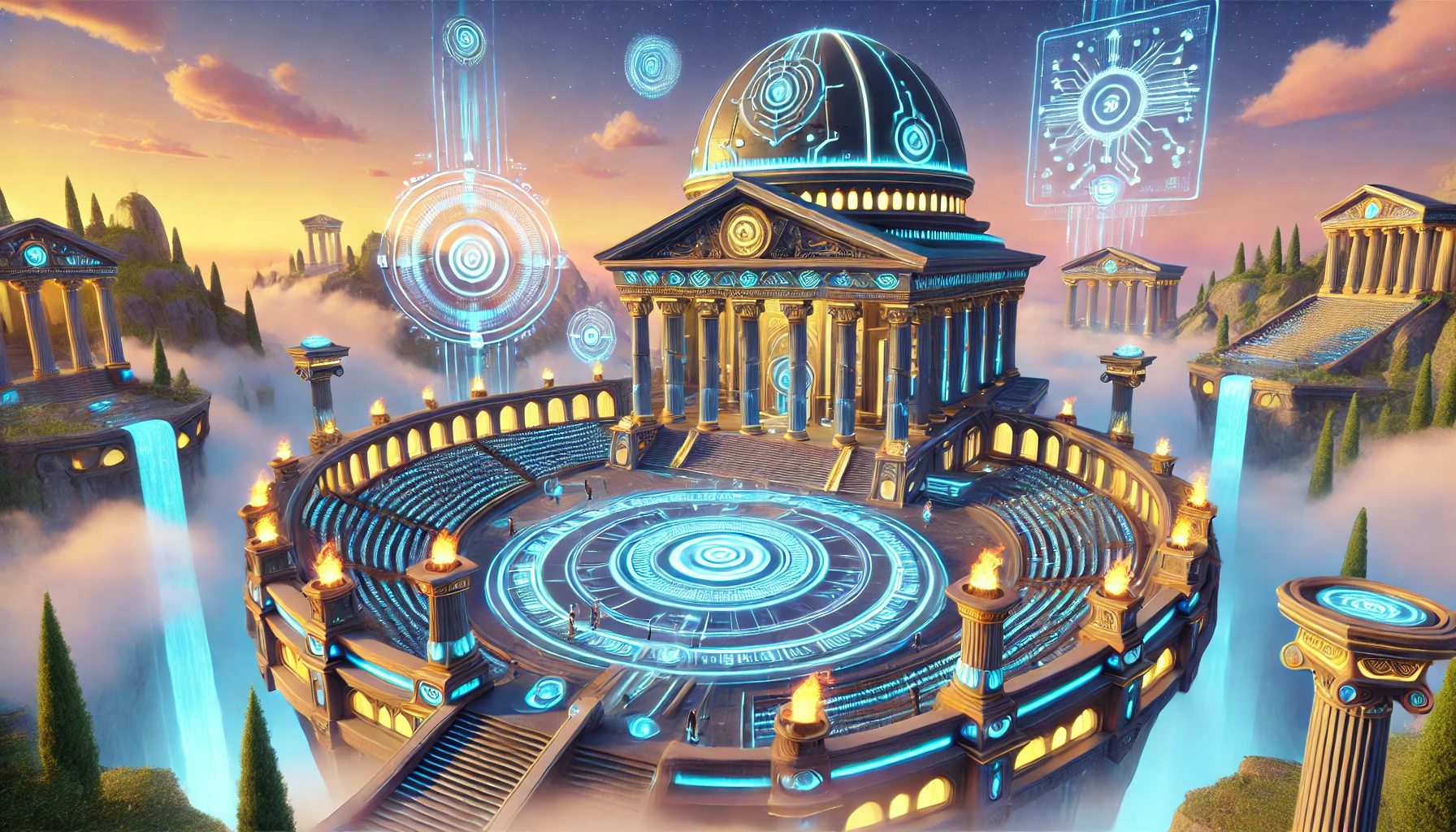 DALL·E 2024-09-02 21.53.47 - A 3D Disney-style illustration of a futuristic tournament arena in Cyber Olympus, inspired by the provided image. The arena is a large, majestic struc